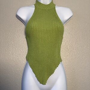 Y2K Green Sparkle Fairy Festival Club Rave Concert Ribbed Knit Halter Neck M